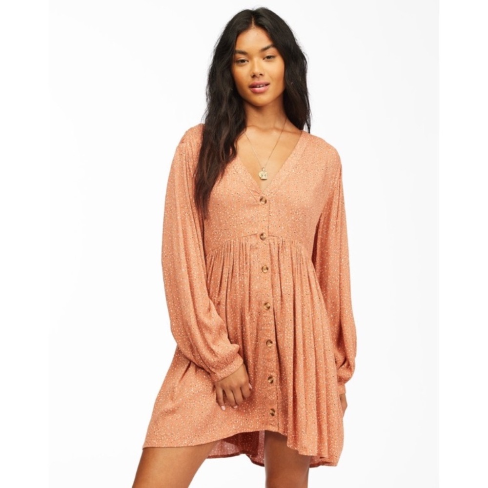Billabong Brown Long Sleeve On the Way Babydoll Mini Dress